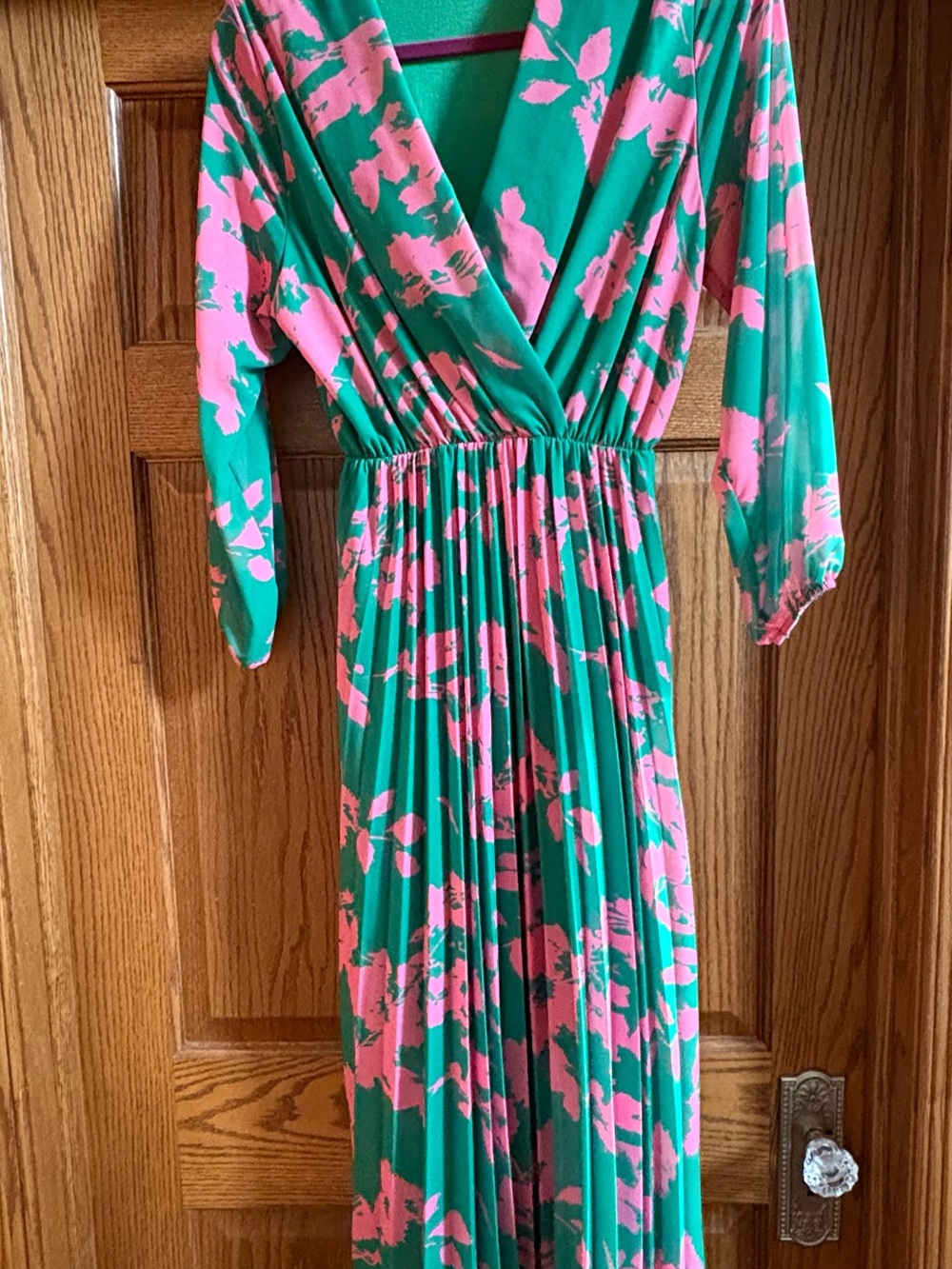 Green and Pink Floral Pleated Maxi Dress with V-Neck